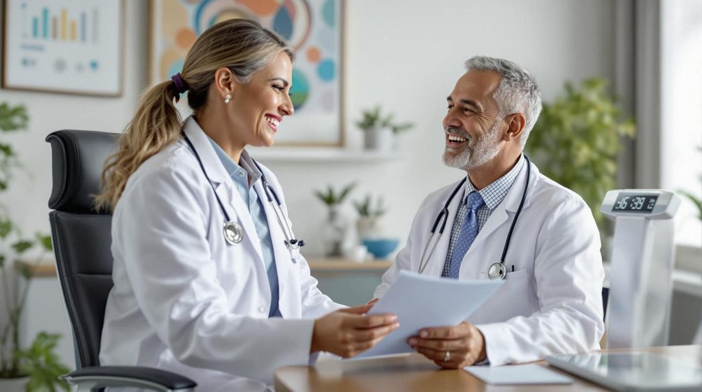 medical-weight-loss-vs-dieting-min mirabile md - two doctors discussing medical weight loss options in a modern clinic.