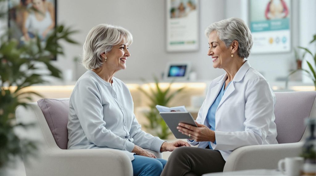 doctor consulting an older female patient about non-surgical solutions for stress urinary incontinence in a comfortable medical office setting.