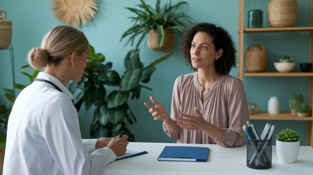 Woman consulting with a healthcare provider about estrogen dominance symptoms and treatment options.
