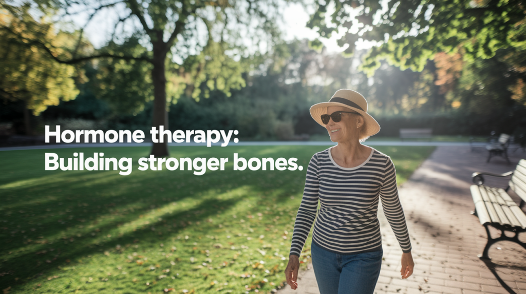 Confident older woman walking in the park, symbolizing the link between hormone therapy and stronger bones.