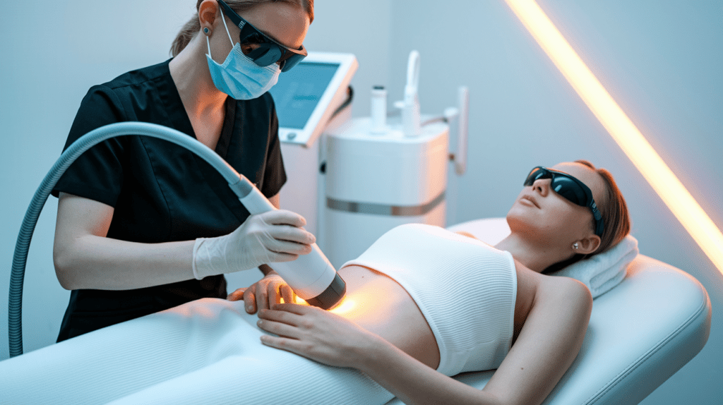 A professional performs a laser treatment for stretch marks on a woman's abdomen using a non-invasive device in a clinical setting.