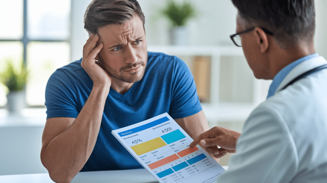 Concerned man discussing low testosterone lab results with a doctor during a clinical consultation.