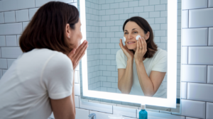 A woman applies skincare while looking in the mirror, symbolizing self-care and managing hormonal acne during perimenopause.