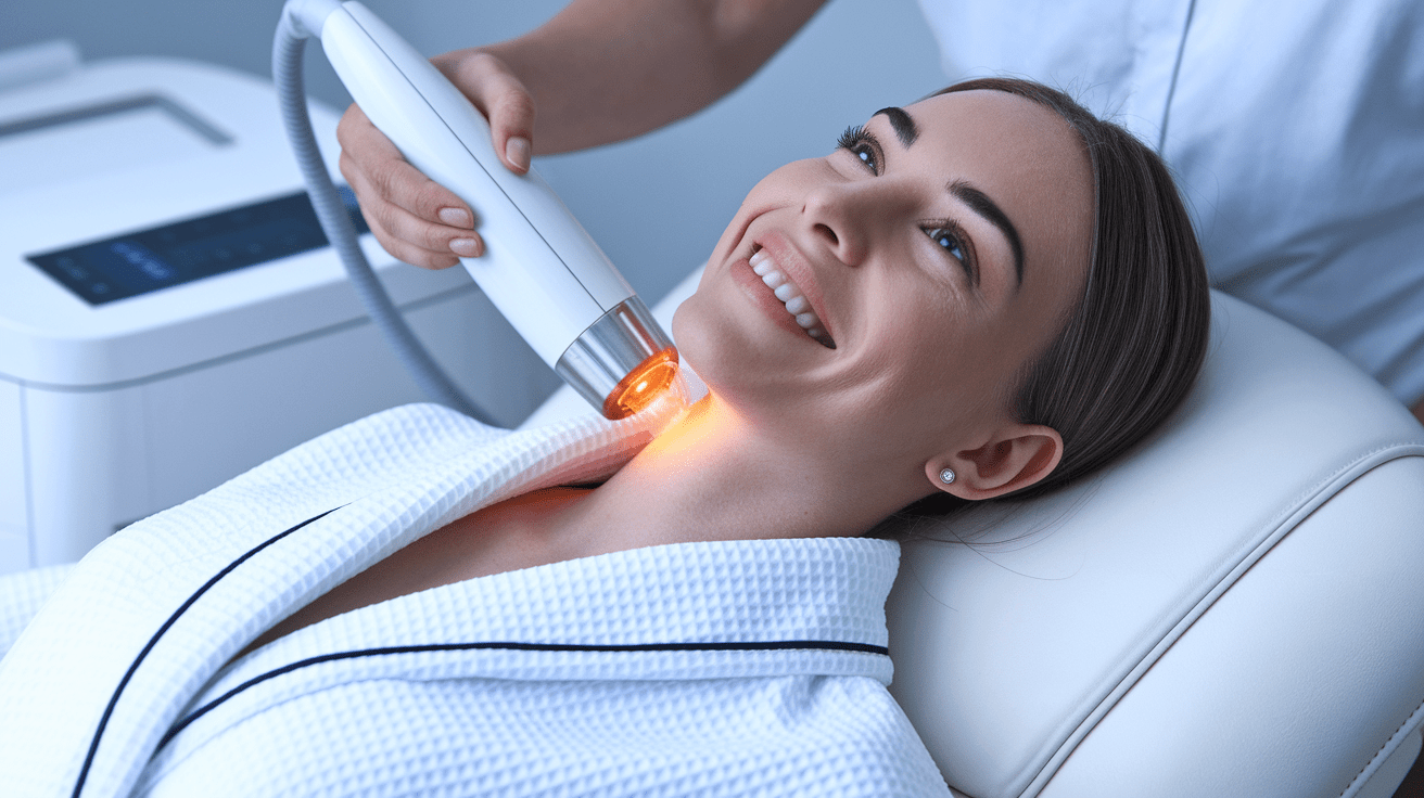 Smiling woman receiving a non-invasive neck skin tightening treatment using advanced laser technology in a medspa setting.