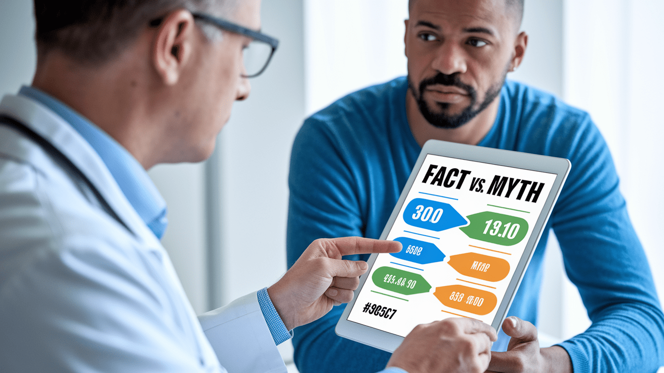 Doctor explaining common myths about testosterone therapy using a digital fact vs. myth infographic during a patient consultation.