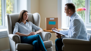A woman consults with a healthcare provider, representing personalized treatments for vaginal dryness after menopause. 