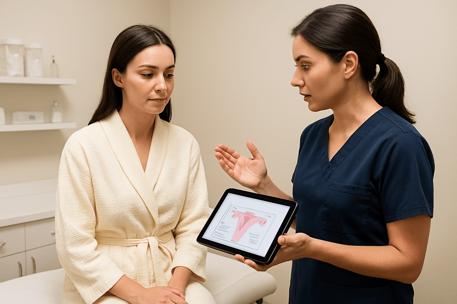 2025 09 mirabilemdcom blog before during after pellet hormone therapy v1jpg  mirabile md - doctor explaining female reproductive system to patient — before, during, and after pellet hormone therapy.