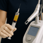 medical professional holding prp syringe near laser device — combining prp with laser treatments.