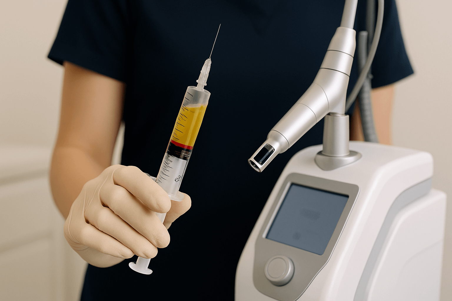 medical professional holding prp syringe near laser device — combining prp with laser treatments.