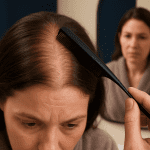 2025 09 mirabilemdcom blog hormones and hair loss v1jpg mirabile md - woman examining thinning hair in mirror — hormones and hair loss.