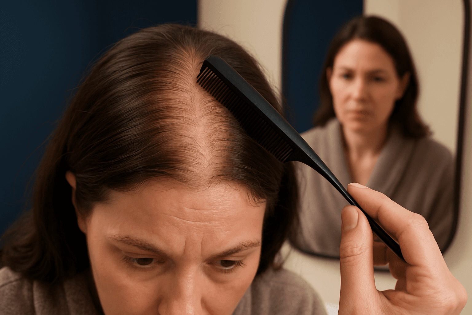2025 09 mirabilemdcom blog hormones and hair loss v1jpg  mirabile md - woman examining thinning hair in mirror — hormones and hair loss.