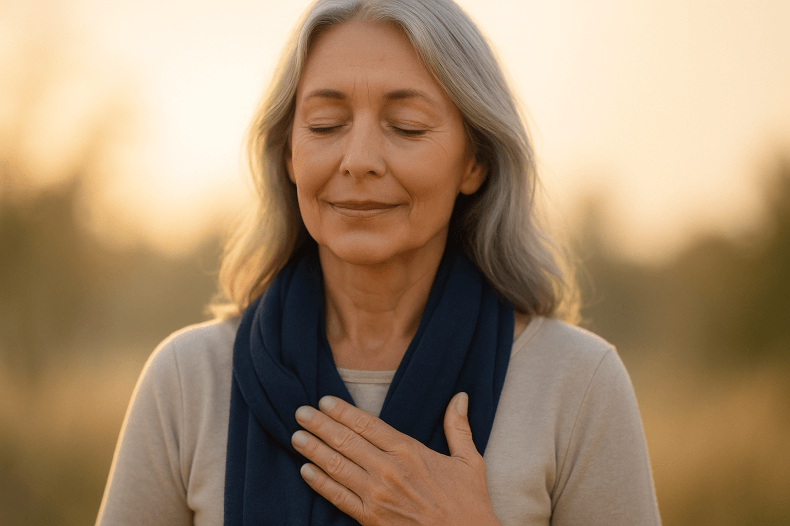 mature woman with hand on chest outdoors — menopause and heart health.