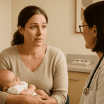 concerned mother with newborn — postpartum hormone imbalance.