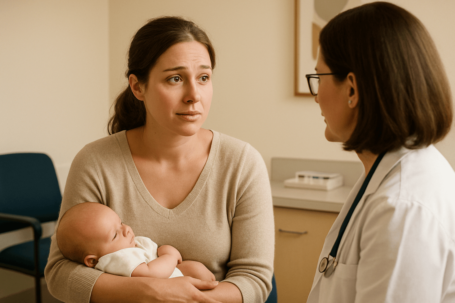 concerned mother with newborn — postpartum hormone imbalance.