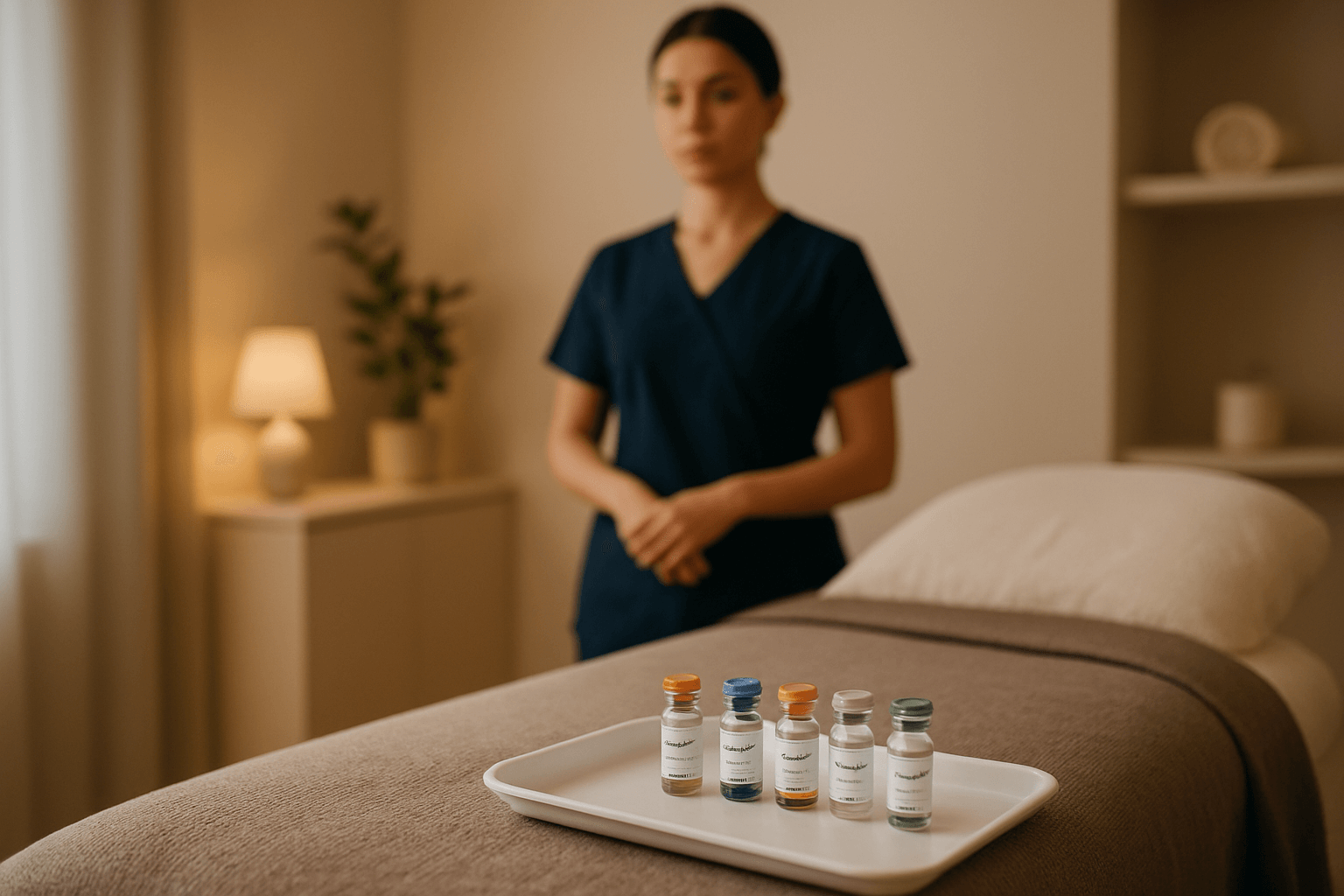 tray of vials with nurse in background — science behind wellness injections.