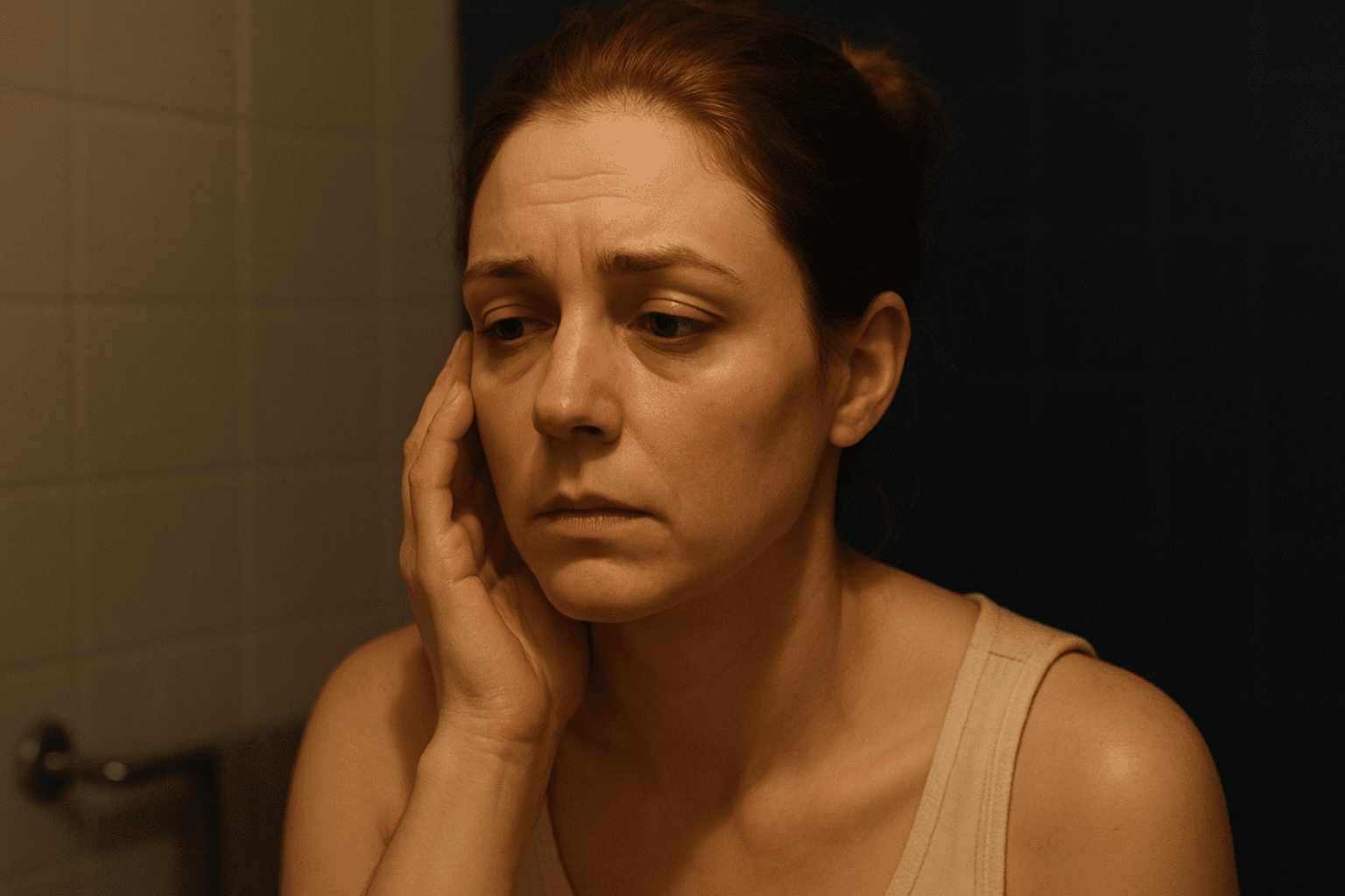 woman looking stressed in bathroom — stress impacts skin health.