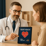 Doctor explaining heart health results on a digital tablet to a female patient.