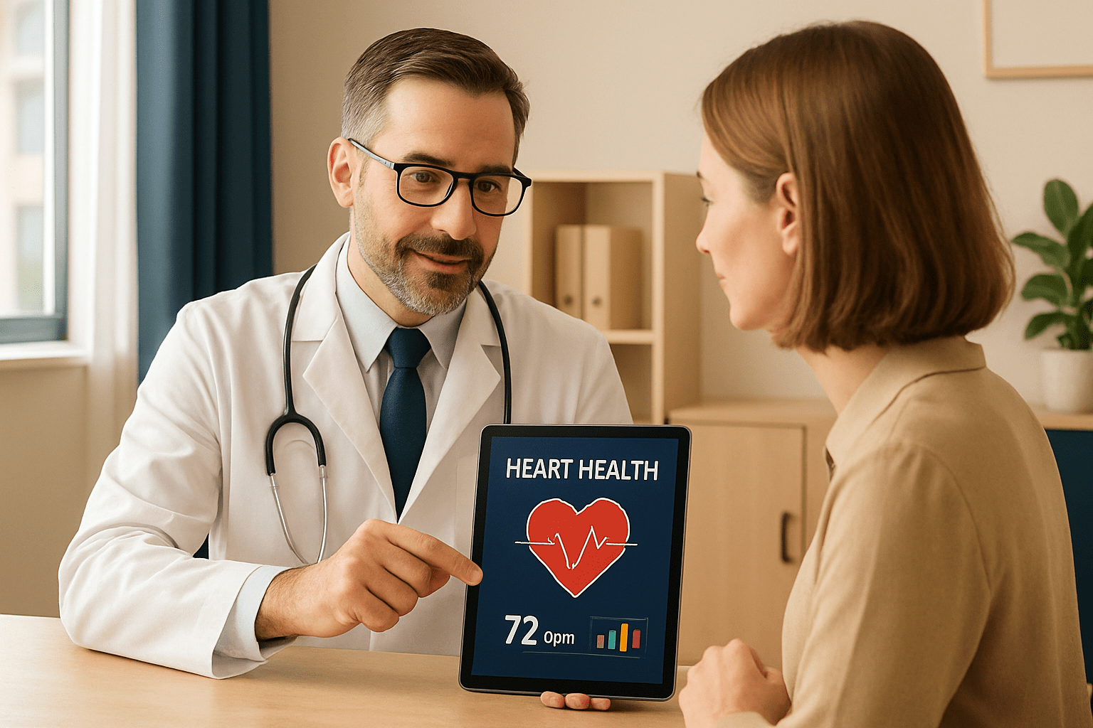 2025 10 mirabilemdcom img doctor heart health consultation v1  mirabile md - doctor explaining heart health results on a digital tablet to a female patient.