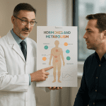 2025 10 mirabilemdcom img doctor hormone consultation v1 mirabile md - doctor holding a chart on hormones and metabolism while speaking with a male patient.