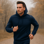 2025 10 mirabilemdcom img fitness running outdoors v1 mirabile md - young man jogging outdoors in a navy hoodie on a wooded path.