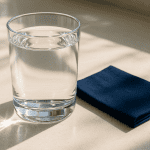 Glass of fresh water on a table beside a folded navy napkin.