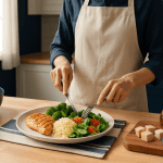 Plate of grilled chicken, rice, and fresh vegetables being prepared in a kitchen.