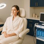 Woman in a robe sitting in a modern clinic chair with medical equipment nearby.