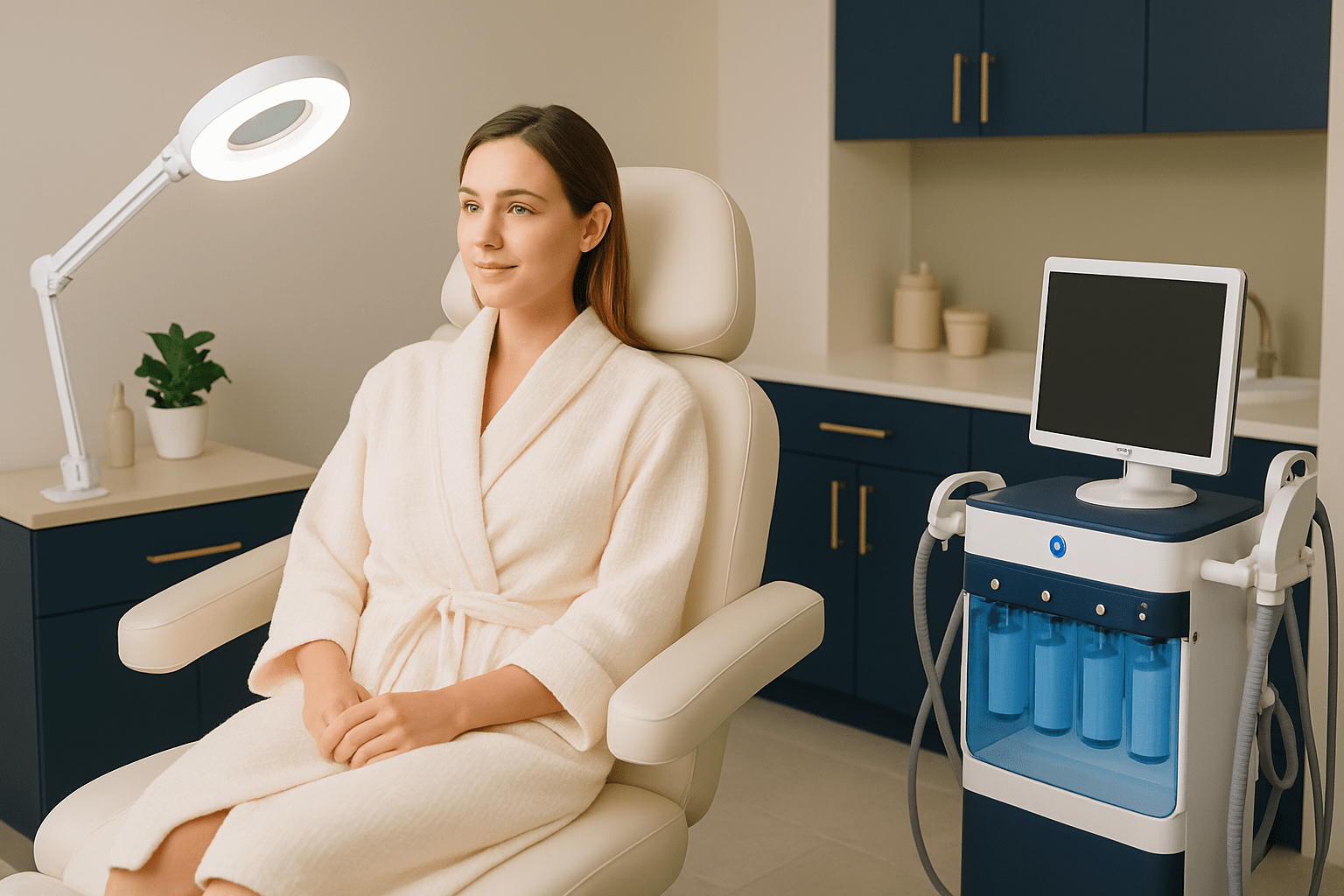 2025 10 mirabilemdcom img patient treatment v1  mirabile md - woman in a robe sitting in a modern clinic chair with medical equipment nearby.