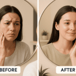 side-by-side image of woman before and after skincare treatment, showing clearer skin.