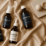 2025 10 mirabilemdcom img skincare products display v1 mirabile md - skincare serum bottles arranged on satin fabric with elegant packaging.