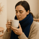 Woman in cozy sweater and scarf holding a warm mug with eyes closed.