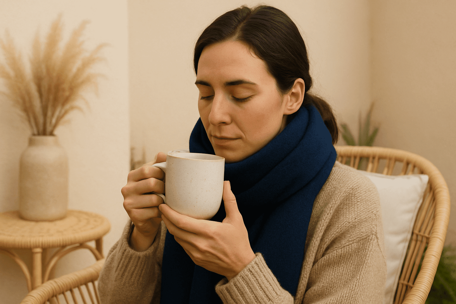 2025 10 mirabilemdcom img woman drinking tea v1  mirabile md - woman in cozy sweater and scarf holding a warm mug with eyes closed.