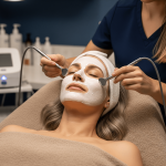aesthetician performing a microcurrent facial treatment on a relaxed client.