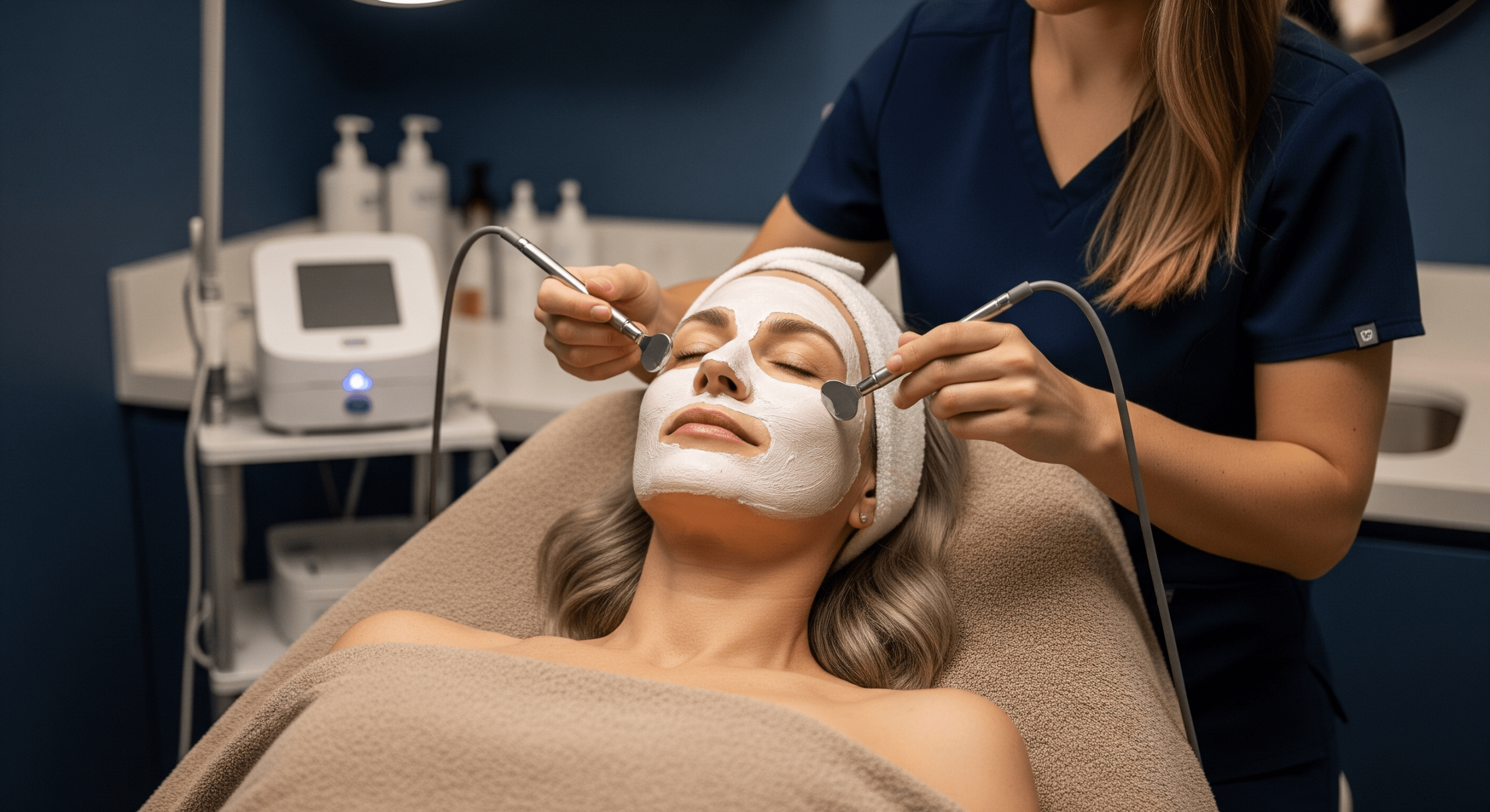 aesthetician performing a microcurrent facial treatment on a relaxed client.