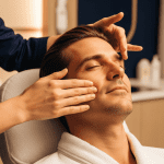 man receiving a professional facial treatment from an aesthetic specialist.