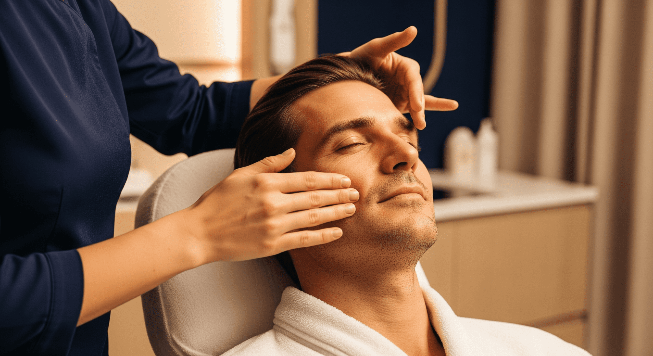 man receiving a professional facial treatment from an aesthetic specialist.