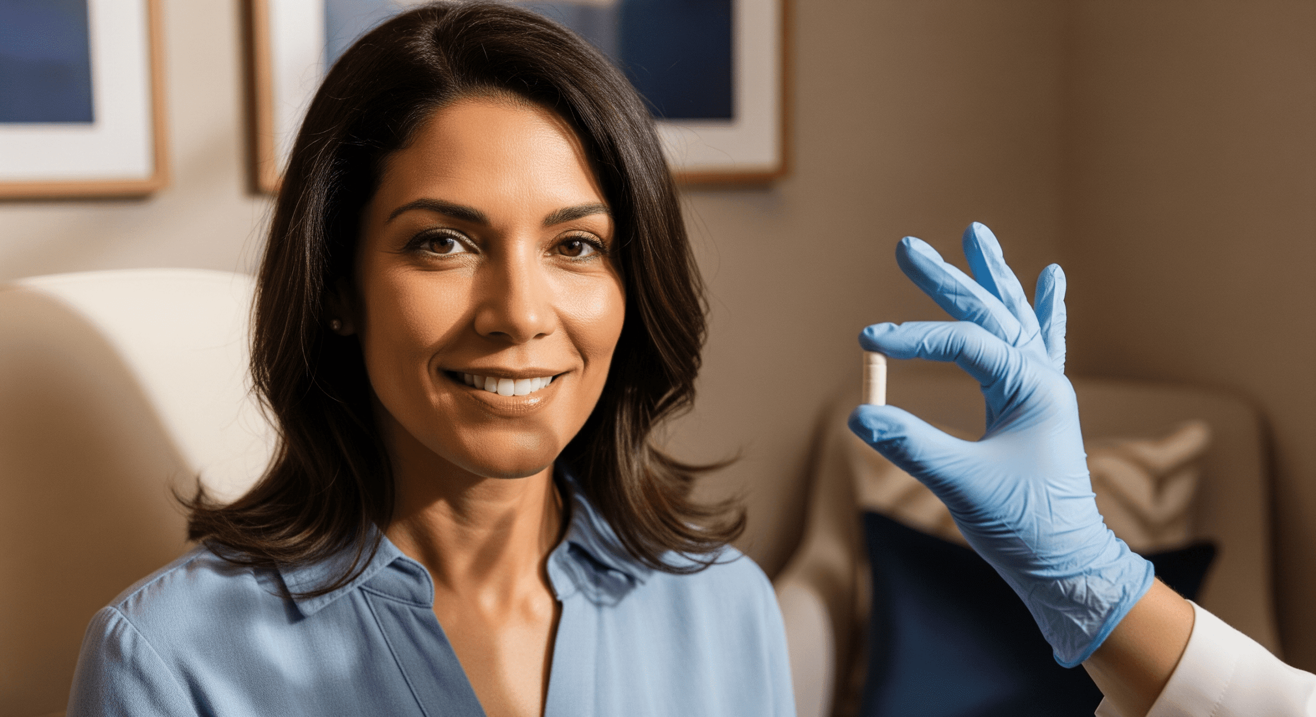 2025 11 mirabilemdcom img patient consult capsule v1 mirabile md - smiling woman during a wellness consultation with a healthcare professional holding a supplement capsule.