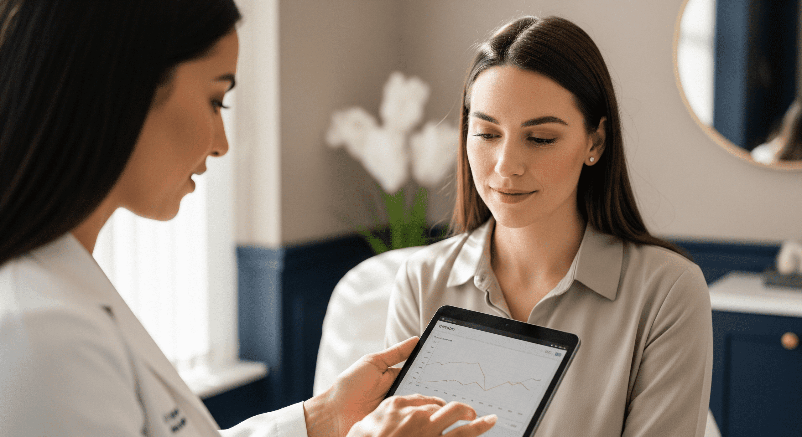 doctor showing patient a progress chart on a tablet during a follow-up consultation.