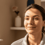 2025 11 mirabilemdcom img post treatment glowing skin v1 mirabile md - woman smiling with glowing skin after a facial treatment in a spa environment.