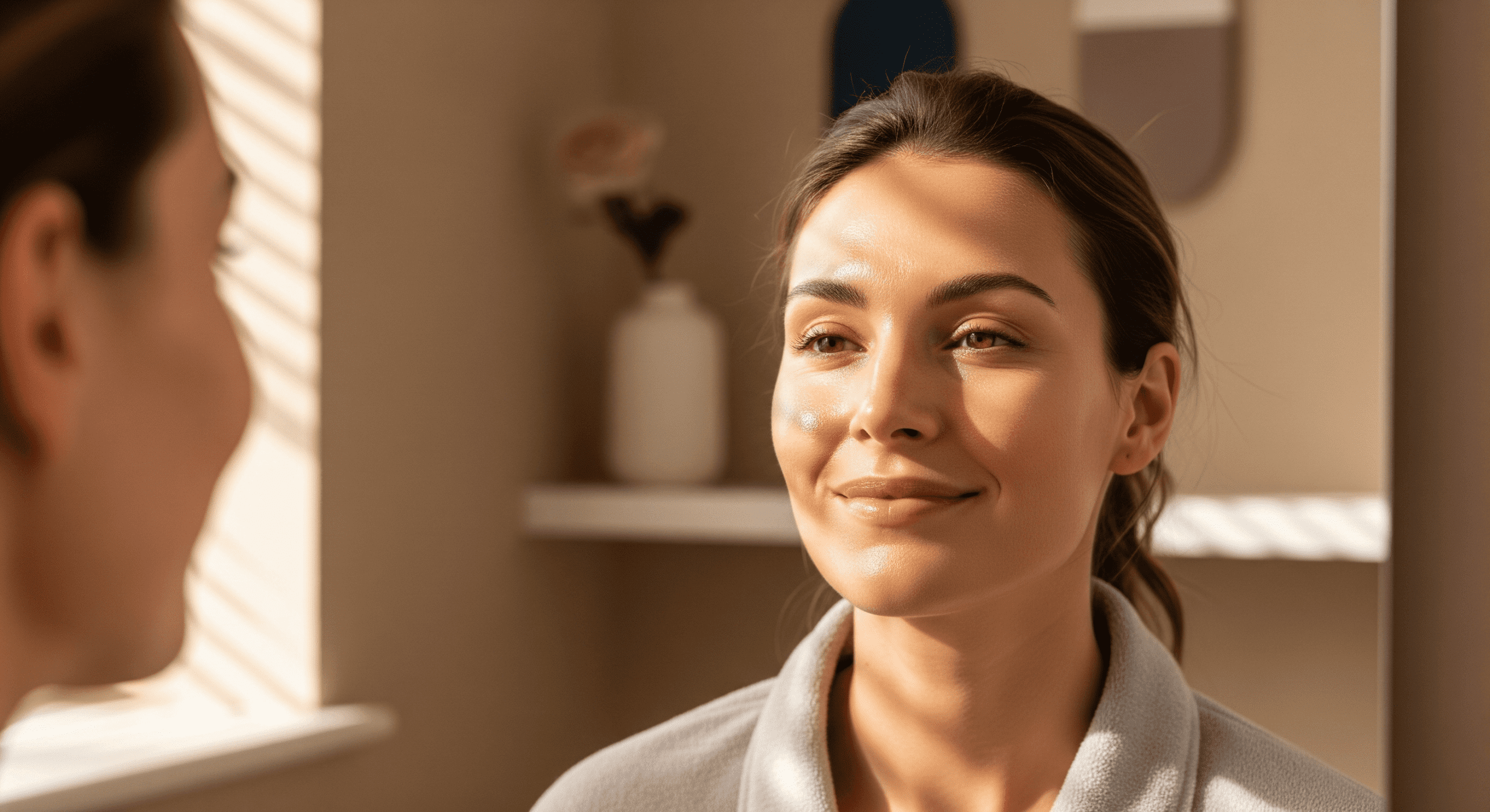 woman smiling with glowing skin after a facial treatment in a spa environment.