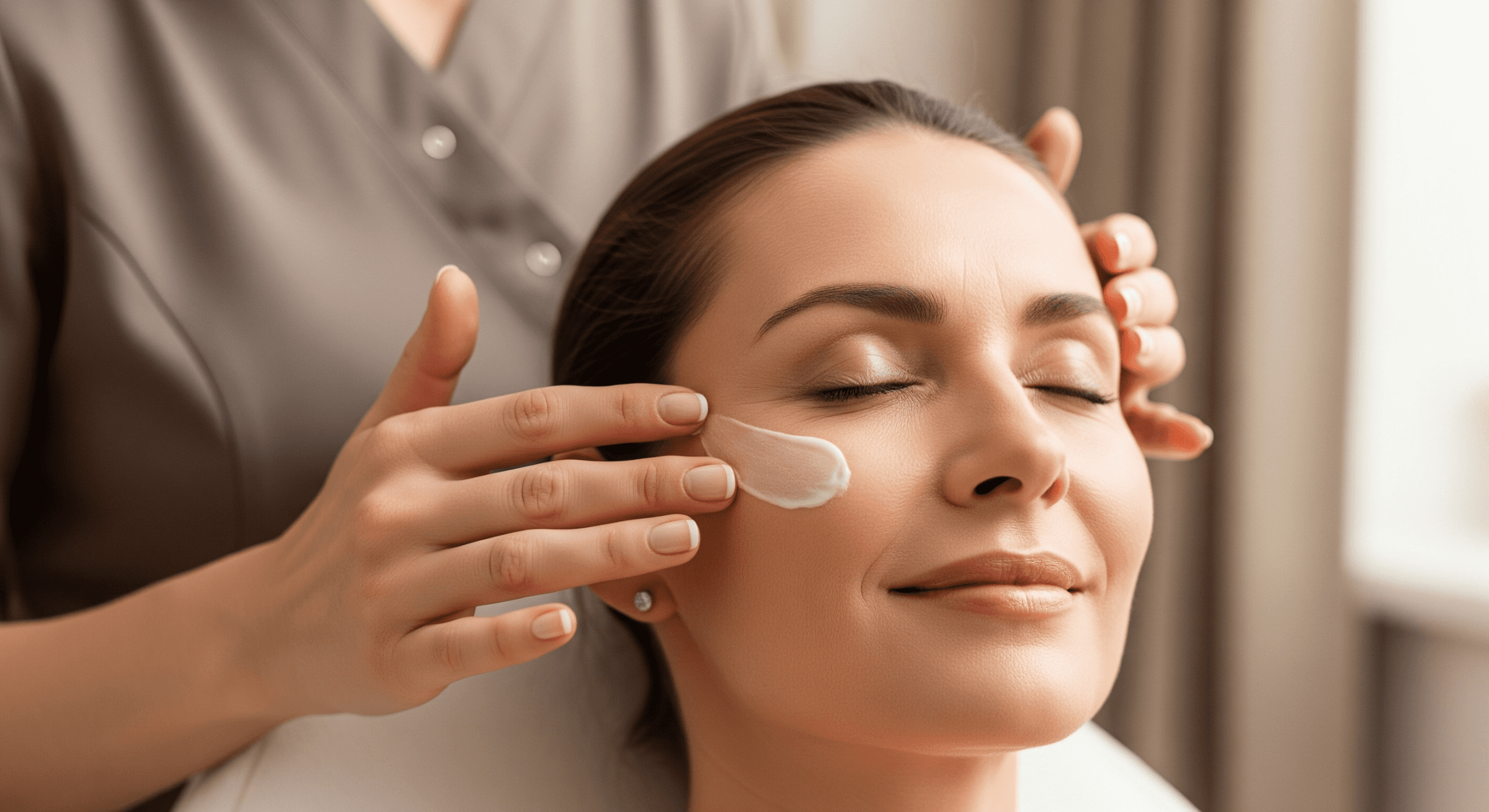 woman receiving a professional facial treatment with cream applied to her cheeks.