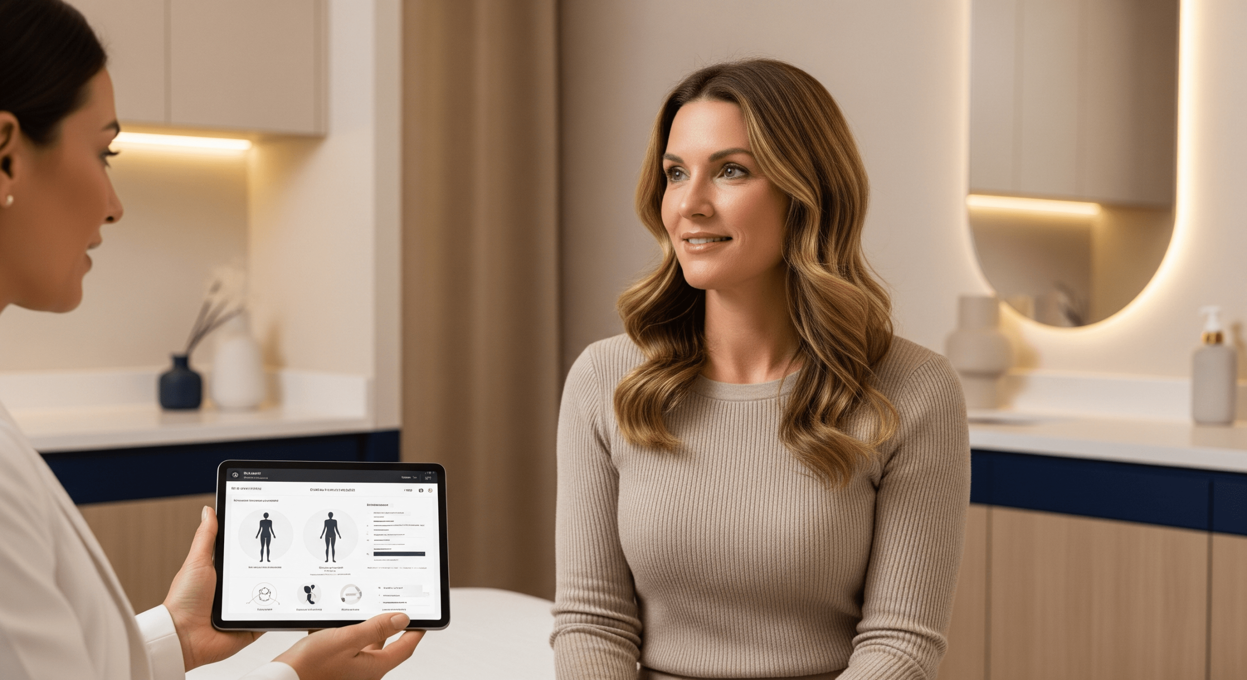 healthcare provider showing a wellness assessment on a tablet during a patient consultation.