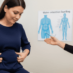 medical provider discussing abdominal concerns with a patient showing bloating or discomfort.