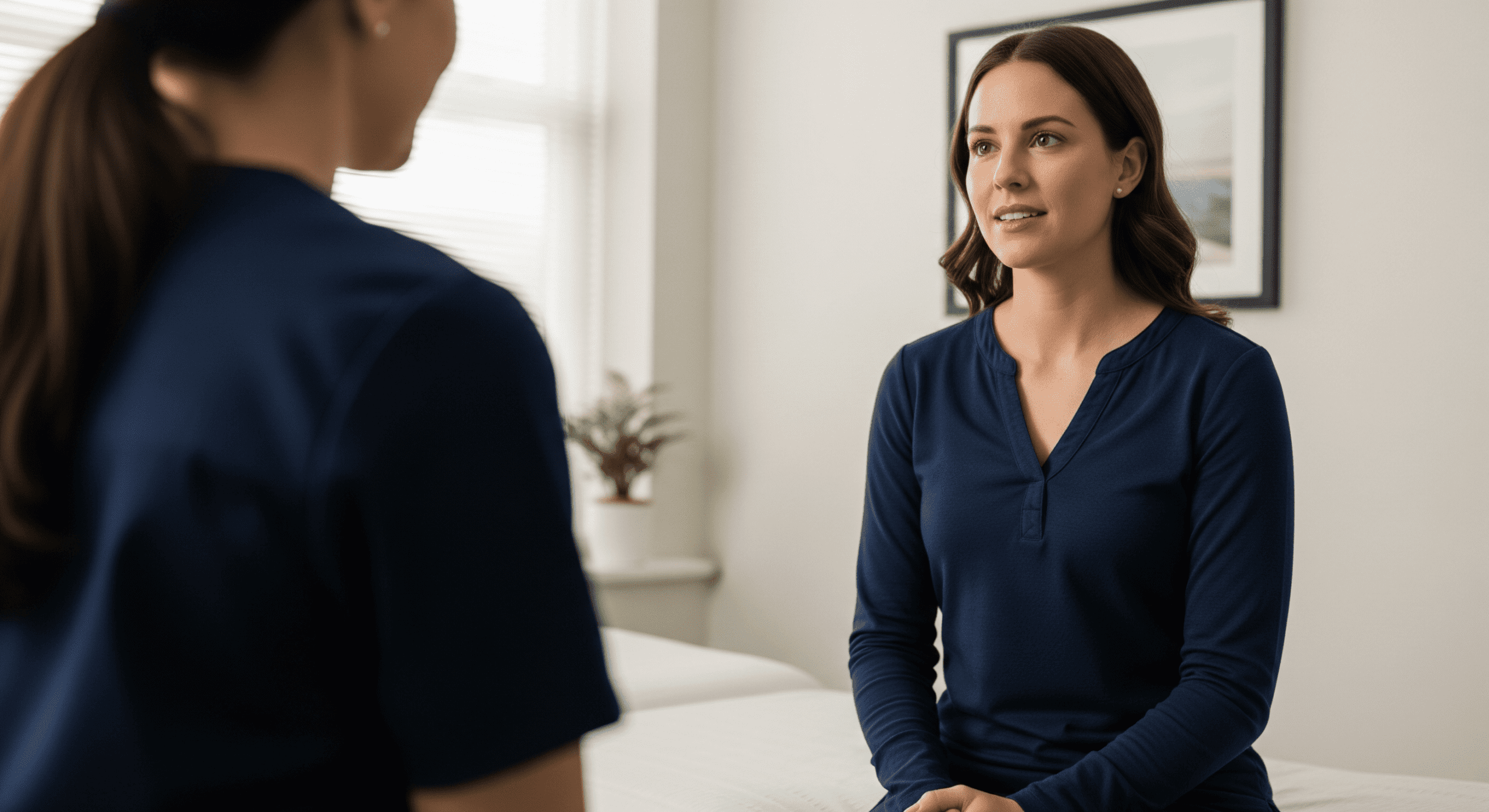 patient sitting and discussing health concerns with a clinician in a bright consultation room.