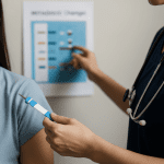 healthcare provider holding an injection pen while explaining treatment to a patient.