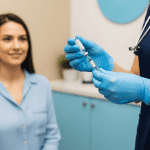 nurse preparing an injection while the patient waits in the background.