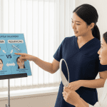 provider explaining the difference between gentle laser treatment and resurfacing using an illustrated chart.