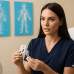 medical provider showing a vial and medication packaging to a patient during a treatment explanation.