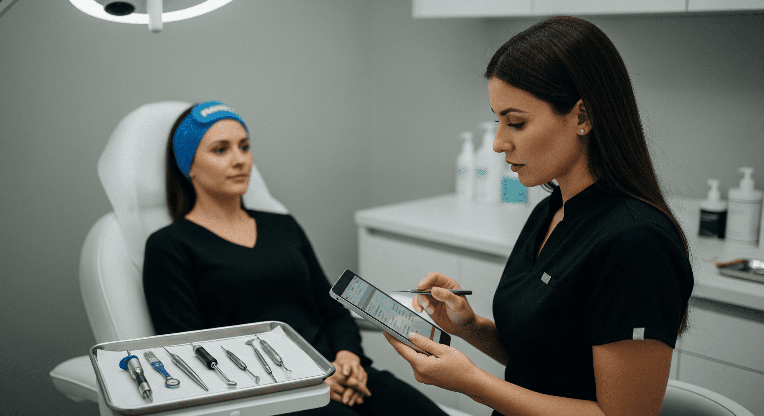 2026 03 mirabilemdcom img pre procedure medical evaluation v1 mirabile md - medical provider reviewing a digital checklist while a patient sits in an exam chair with medical instruments prepared nearby.