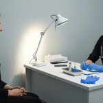 Healthcare provider wearing a mask and gloves preparing a vaccine while speaking with a patient in an exam room.